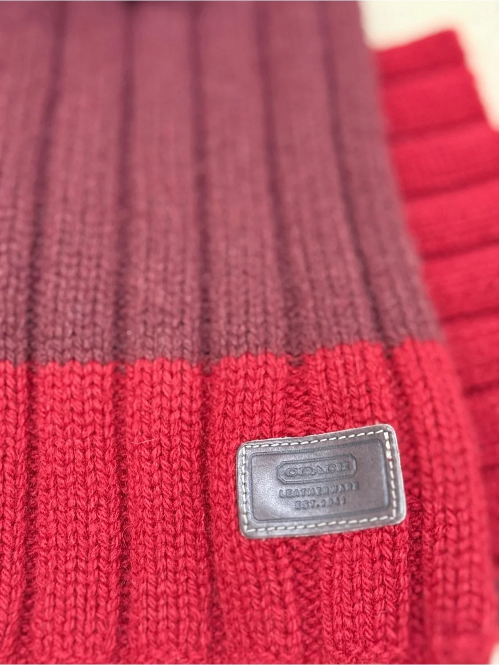 Coach 100% Wool Ribbed Scarf Burgundy Red Colorblock Preppy Leather Logo